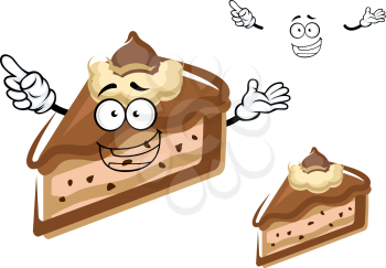 Happy chocolate cheesecake slice cartoon character with chocolate chips and buttercream swirl on the top for pastry shop or birthday party design
