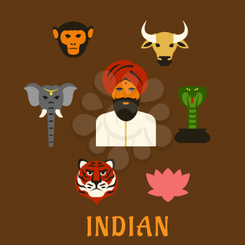 Indian animals of worship and national symbols in flat style with indian man in turban with holy cow, elephant, cobra, monkey and lotus, tiger as national animal and flower symbols