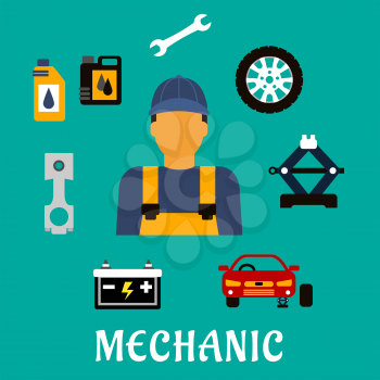 Mechanic profession flat concept with man in uniform overalls and cap, car fixed on jack screw, wheel, piston crankshaft, wrench, motor oil, canisters and battery icons