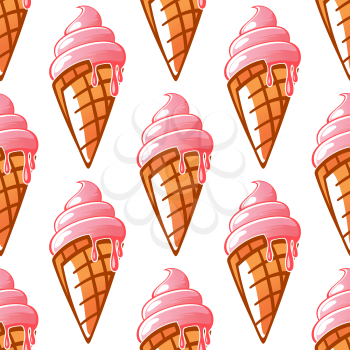 Strawberry ice cream waffle cones seamless pattern background in cartoon style for snack food design
