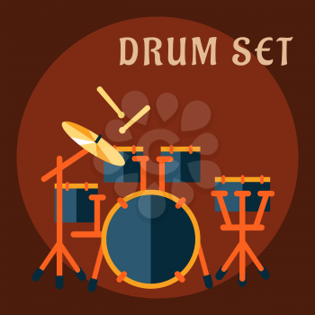 Drum set with sticks in flat style with modern drum kit consist of snare drum on a stand, tom-toms mounted on bass drum, floor tom and ride cymbal for music design
