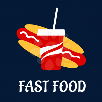 Fast food hot dog and paper cup of soda flat icon with sausage, mayonnaise and carbonated sweet drink in a takeaway red cup