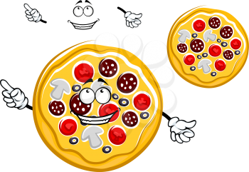 Cartoon fast food pepperoni pizza character with salami, tomatoes, mushrooms, olives slices and smiling face for pizzeria or takeaway food design