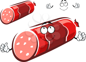 Salami sausage stick cartoon character with marbled texture in the cut, red label and cute dreamy face for food pack or butcher shop design