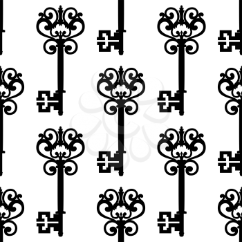Medieval vintage keys with ornamental bows black and white seamless pattern, for background or retro textile design
