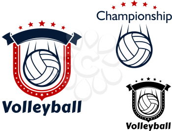 Volleyball club or sporting team emblems with flying volleyball balls, motion trails, decorated by stars and heraldic shield with ribbon banner