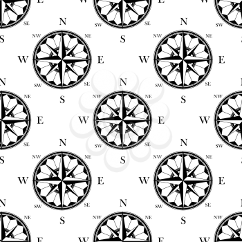 Ancient ornate compass roses seamless pattern in retro black and white style, for wallpaper or travel background design