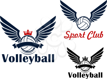 Volleyball game winged ball symbol in red and blue colors, decorated by crowns and ribbon banners
