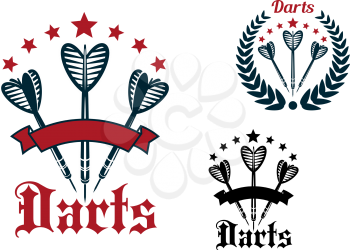 Darts game sporting emblems and symbols in retro style. Darts arrows with striped fletching framed by laurel wreath, ribbon banner and stars