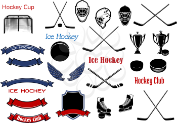 Ice hockey and heraldic symbols for emblems design with sticks, pucks, skates, masks, gate, shield, ribbon banners, wings and trophies items