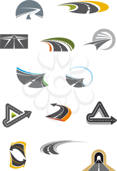 Colored road and freeway icons showing curving, winding, receding and convoluted tarred roads, isolated on white