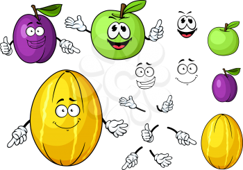 Juicy fresh green apple, melon and plum fruits cartoon characters with cute faces for healthy food, farming or agriculture design
