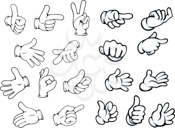 Hand gestures and pointers in comics cartoon style for advertisment or communication design, isolated on white