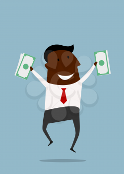 Happy african american businessman jumping with dollar bills in hands for success or wealth concept design. Cartoon flat style
