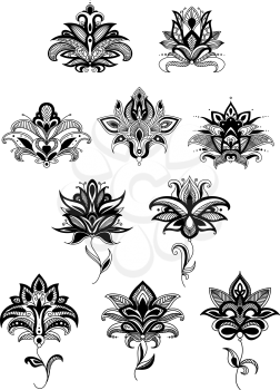 Persian floral design elements with intricate ornamental black paisley flowers for interior accessories or embellishment design