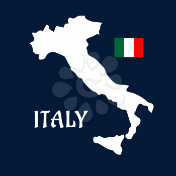 Map of Italy white silhouette with italian national flag in the upper corner on dark blue background for education or travel design