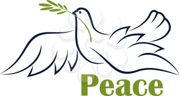 Flying dove with olive branch as symbol of peace in outline sketch style with caption Peace