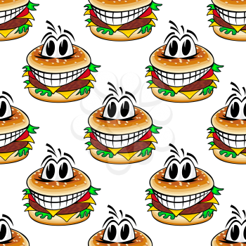 Crazy cheeseburgers seamless pattern of cartoon fast food burger with patty, cheese and vegetables for cafe or takeaway food design
