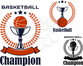 Basketball game champion emblems with balls, trophy cups, decorated heraldic laurel wreaths, stars on tops and ribbon banners
