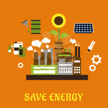 Save energy ecology concept with industrial plant surrounded by solar panel, fluorescent light bulb, sunflower, gears, bio fuel tanks on background