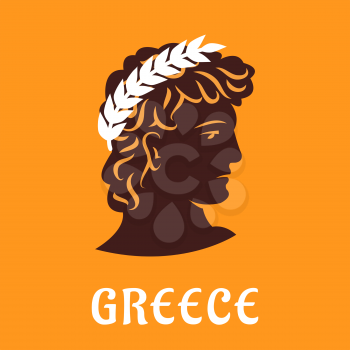 Ancient greek athlete head  silhouette with winner olive wreath on yellow background with caption Greece