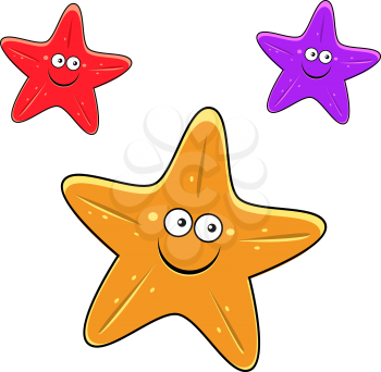 Funny yellow, red and violet starfishes cartoon characters with smiling faces for underwater wildlife design