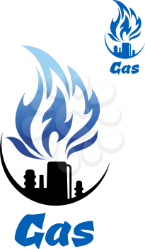 Natural gas refinery factory icon with nozzle of industrial plant pipe and big blue flame, isolated on white background