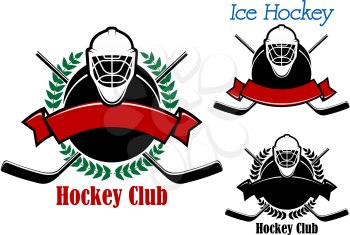 Ice hockey club emblems design with hockey pucks decorated by laurel wreath, ribbon banners, goalie masks on the top and crossed sticks on the background