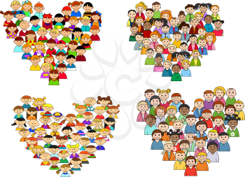 Funny heart shapes with multiethnic cartoon smiling boys and girls for family and friendship concept