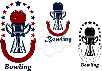 Bowling game icons design with bowling ball on the top of  trophy cup, adorned by ribbon banners and stars in colors variations