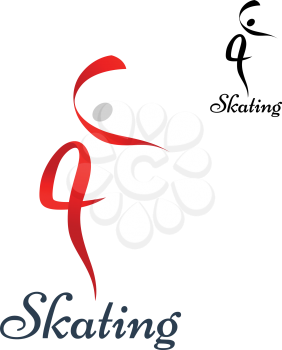 Figure skating symbol with dancing woman silhouette composed of red ribbons, also with small black variant and caption Skating