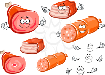 Sausage, pork leg with bone and baked meatloaf cartoon characters. Meat products with cute smiling faces for butcher shop or fresh food design