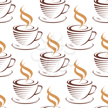 Steaming coffee cups seamless pattern with brown cups and saucer of hot fresh brewed beverage in doodle sketch style on white background