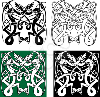 Totem animals ornament in tribal style with flying dragons, decorated by traditional celtic  or scandinavian knot pattern. For tattoo or art design