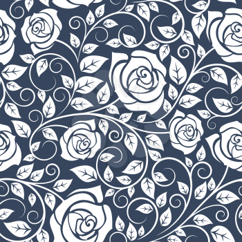 Seamless pattern with curved stems of white roses and lush leafage on gray background, for retro wallpaper or fabric design