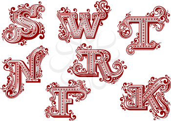 Elegant uppercase red letters in vintage swirly style ornated by  twisted lines, curlicues and dots isolated on white background. Letters F, K, N, R, S, T, W