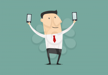 Businessman posing and making double selfie shots with two smartphones. Cartoon style
