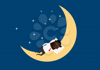 Tired african american businessman sleeping on the moon, cartoon flat style