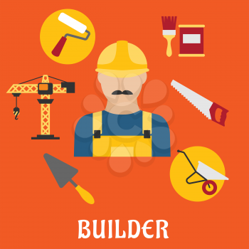 Builder profession concept with man in yellow hard helmet and overalls with tower crane, hand saw, trowel, paintbrush with paint can, wheelbarrow and paint roller flat icons