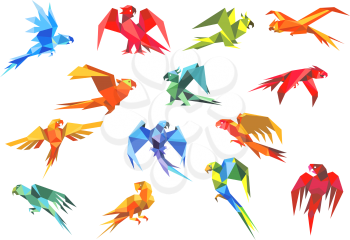 Colorful tropical parrots birds in origami style in different poses,  for environment, symbol or emblem design
