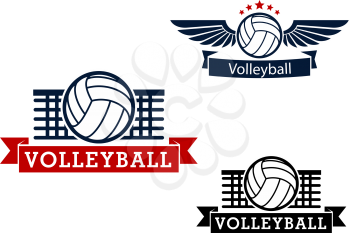 Volleyball sporting icons with volleyball ball and net on the background, winged ball with stars and ribbon banners