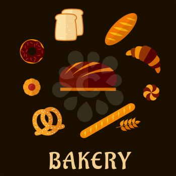 Fresh bakery icons in flat style with round loaf of rye bread on the wooden chopping board encircled by long loaf, toasts, french baguette, salty pretzel and sweet cookie, donut, croissant and bun
