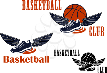 Basketball game icons with winged basketball sneakers and balls on the background in orange and blue colors