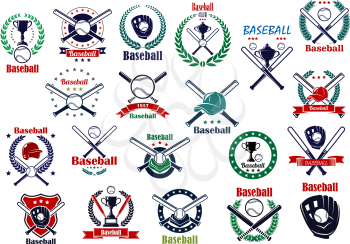 Baseball game emblems and icons with balls, crossed bats, trophy cups, gloves, helmet and caps decorated by wreaths, stars, shield and ribbon banners 