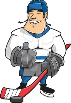 Confident smiling cartoon ice hockey player character in uniform with hockey stick and puck, showing thumb up gesture