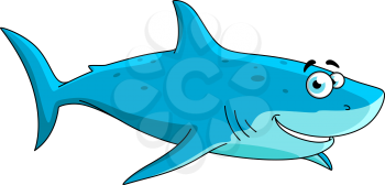 Cartoon swimming big shark character with light blue underside and blue spotted dorsal area, isolated on white.May be use in mascot design