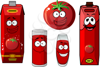 Cartoon fresh red tomato vegetable with colorful tomato juice cardboard containers and glasses with cheerful smiling faces, isolated on white background