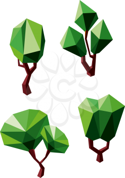 Geometric polygonal green trees icons  with lush crowns and branchy trunks, isolated on white background