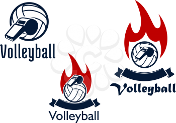 Volleyball sport game icons with blue volleyball balls and whistles, decorated by blank ribbon banners and red fire flames
