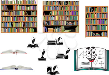 Books, education, literature and library objects with bookcases, black silhouettes of books with inkwells and quills, open books and funny textbook cartoon character